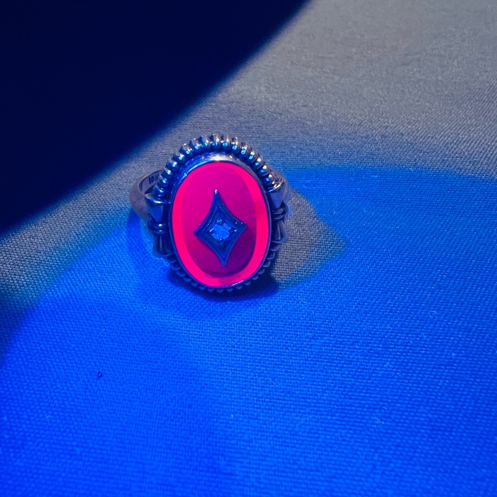 Antique Art Deco Synthetic Ruby & Diamond Ring – 10K Gold Sz 5.25 - Picture 2 of 8